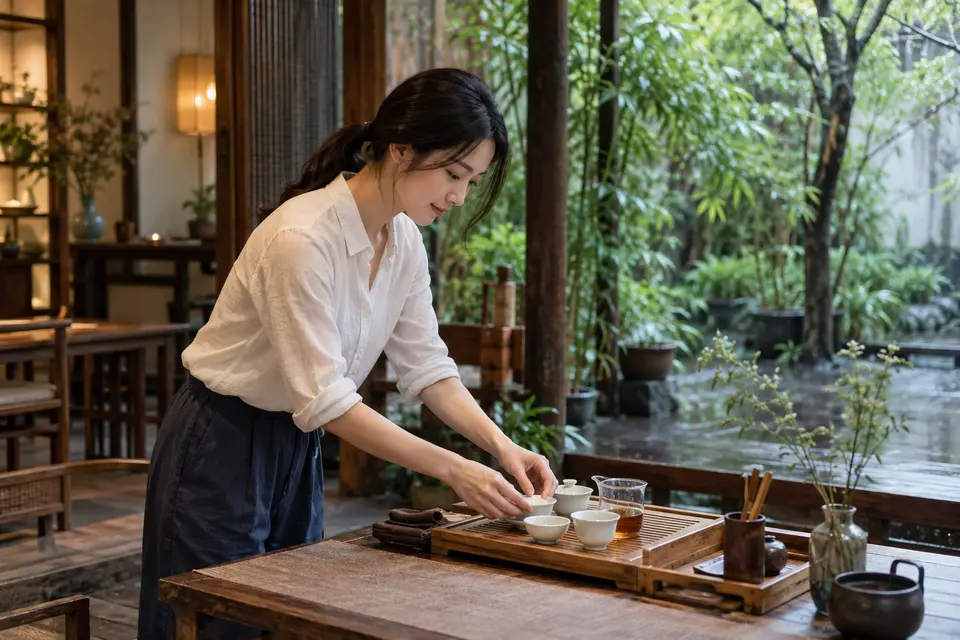 庭院茶席上摆放的盖碗与竹制茶具，年轻女性正在品茶
